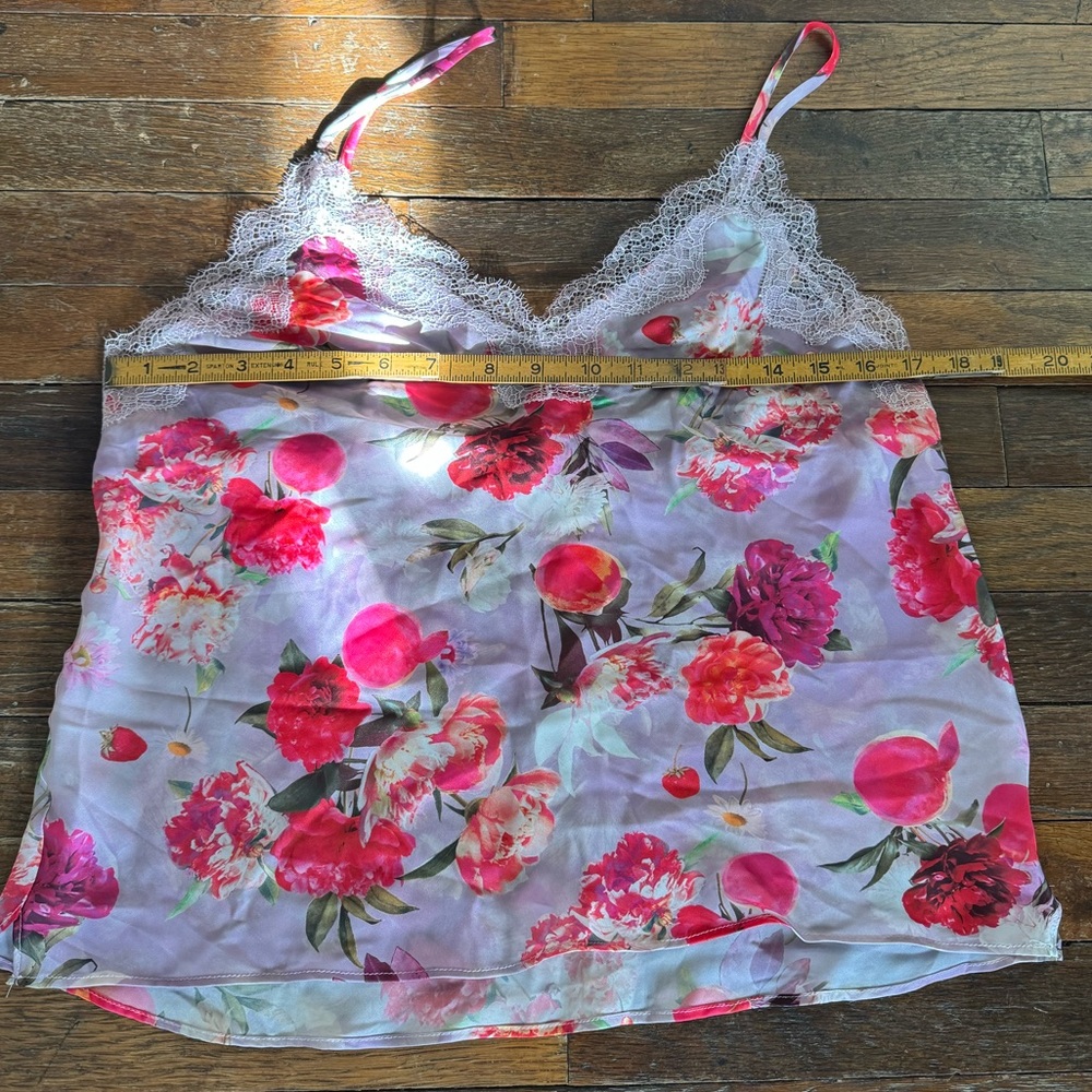 Silky Floral Lace-Trim Satin Cami Tank Top - Pink Lilac - Picture 7 of 11